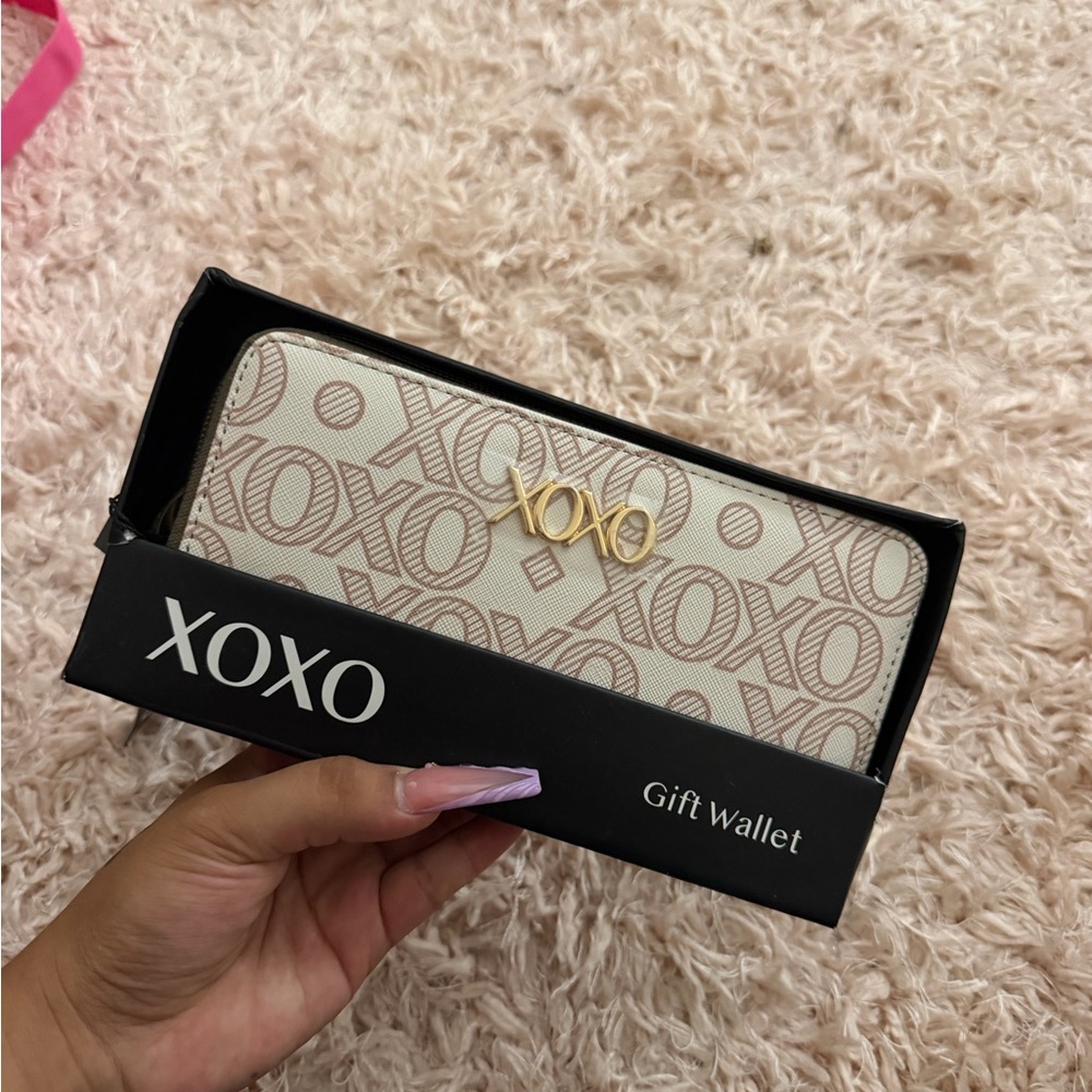 XOXO Beige Monogram Zip-Around Wallet with Gold Logo